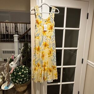 Women's Yellow Floral Sundress with Blue Leaves